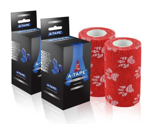 Image of A-Tape Breathable Self Adhesive Cohesive Bandage for Humans & Pets (Dogs, Cats, Birds) -Sports, Wrap, Athletic, Non Woven First Aid Medical, Wrist, Swelling (10 cm X 4.5 mtr) (Pack Of 2, Red Paw)