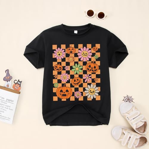 Image of Girls Halloween Shirt Pumpkin Flower Face Checkered T-Shirt Kids Crewneck Short Sleeve Spooky Season Gift Tee Tops(Black,11-12 Years)