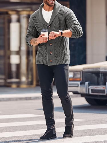 Image of Karlywindow Mens Cable Knit Cardigan Sweater Shawl Collar Loose Fit Long Sleeve Casual Cardigans