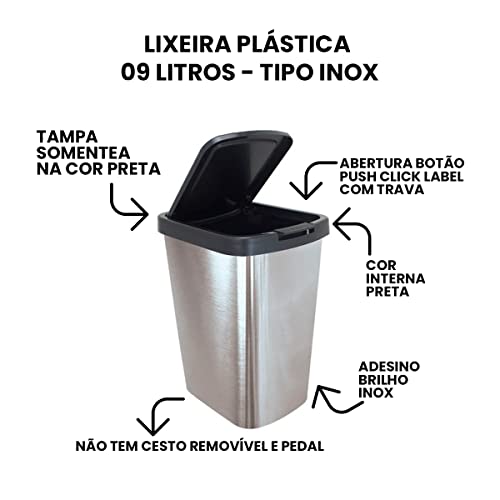 Lixeira 9Litros Com Click Plástica Label Inox 25462 Arqplast
