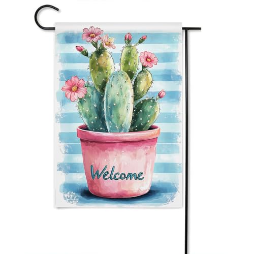 Gkyygk Green Cactus Welcome Garden Flag 12x18 Inch Double Sided Blue Seasonal Yard Burlap Banners Outdoor Flag for Men Women