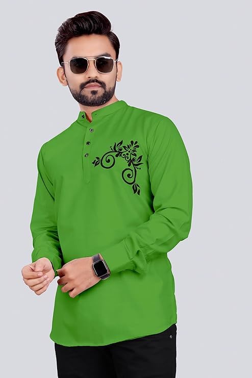 Image of DEELMO Men's Regular Fit Flower Pattern Short Kurta Light Green
