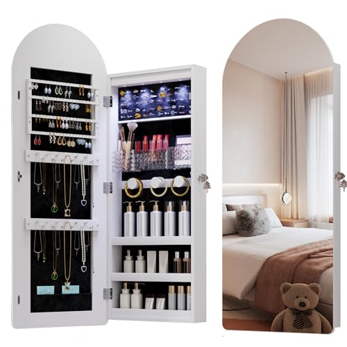 Topcomfy Arched Jewelry Armoire, 43'' LED Jewelry Cabinet Wall/Door Mounted, Lockable Full-Length Mirror with 3 Storage Shelves, Hanging Cabinet with Interior Mirror, White