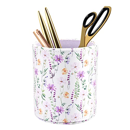 Image of Pen Holder, Makeup Brush Holder Leather Cute Vintage Flowers Pattern Pencil Cup for Girls Kids Women Durable Stand Desk Organizer Storage Gift for Office, Classroom, Home, Cute Flower