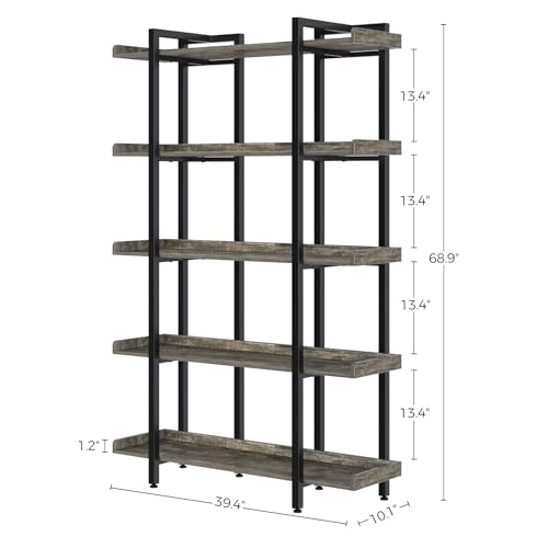 Image of Rolanstar Book Shelf 5-Tier, 68.9''H Tall Bookshelf for Home Office, Open Wood Display Shelves, Large Standing Bookcase with Metal for Living Room, Industrial Corner Bookshelf Grey