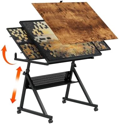 Adjustable 1500-Piece Jigsaw Puzzle Table with 4 Felt Trays, Wooden Cover, Large Storage, and 4 Universal Wheels - Perfect for Adults, Black Color