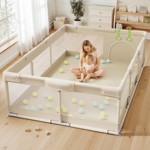 Image of Uanlauo Baby Playpen for Babies and Toddlers, 71x47in Large Playpen, Beige