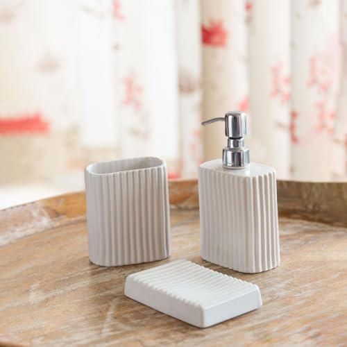 Image of ExclusiveLane 'Ivory Flute' Ceramic Bathroom Accessories Set of 3 (Ceramic Liquid Soap Dispenser Set for Wash Basin, Paste & Toothbrush Holder, Soap Tray) |Hand-Carved |Bathroom Organiser Set