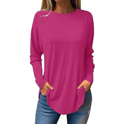 SCBFDI Camisetas Mujer, Tallas Grandes para Mujer Color Sólido Manga Larga Camisetas De Algodón Básico Cuello Redondo Salón Moda Primavera otoño Camisetas Ajustadas, Camisetas+Amarillas+Manga+Larga