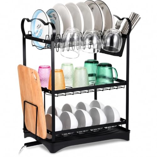 Image of Dish Drying Rack, 3 Tier Dish Rack with Drainboard and Cutlery Holder, Cutting Board Holder, Large Capacity Dish Drainer for Dishes, Bowls, Cups, Kitchen Counter (SS-09)