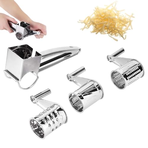Râpe à fromage rotative, coupe-fromage en acier inoxydable trancheuse à fromage avec 3 lames de tambour déchiqueteuse à fromage portative pour la cuisine