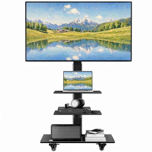 BONTEC Soporte TV Ruedas Móvil para 30-70 Pulgadas, Soporte TV Pie Altura Ajustable con 3 Estantes de Vidrio Templado, hasta 40 kg, Máx. VESA 600x400 mm, Gestión de Cables, para Salón Oficina Escuela
