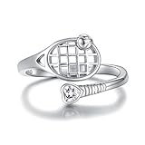 925 Sterling Silver Basketball Baseball Softball Football Tennis Racket Ring Adjustable Sports Jewelry Gifts for Women Player Mom (Tennis Racket)