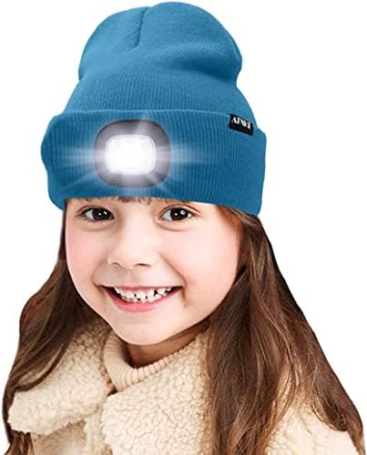 ATNKE Kids LED Lighted Beanie Cap, USB Rechargeable 4 LED Headlamp Waterproof Winter Warmer Knit Night Hats with Light for Boys Girls