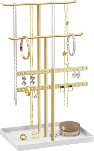 Schmuck Organizers Schmuckständer 32cm Groß 4 Ebenen Robust Schmuckaufbewahrung Reise Schmuckschrank für Halskette Armband Parfüm und Ohrringe Deko Aesthetic Accessoires Gold/Weiß