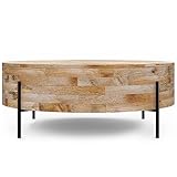 SIMPLIHOME Rayburn Solid Mango Wood 38 inch Wide Round Modern Industrial Drum Coffee Table in Natural for The Living Room and Family Room