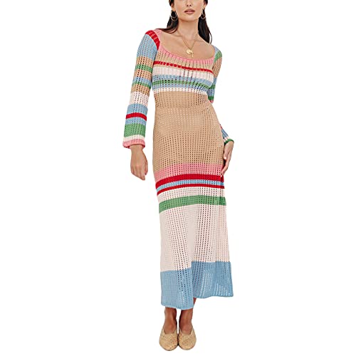Nufiwi Women Ribbed Knit Maxi Dress Sleeveless Cutout Knitted Long Dress Crochet Backless Spaghetti Strap Bodycon Dresses(Colorful Patchwork,S) #TOP16