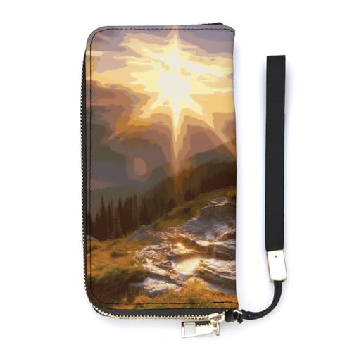 Mountain Sunrise Landscape Ladies' Leather Wallet With Hand Strap Slim Vertical Purse Wallets Card Case Long Zip Around Long Wallet Credit Cards Holder Phone Clutch