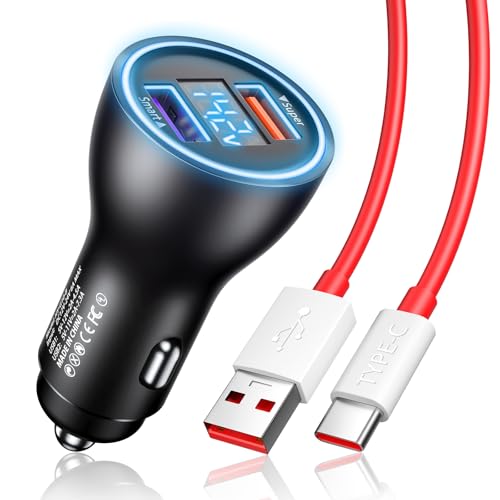Car Charger for SuperVOOC 100W 80W for OnePlus 13 13R 12R 12 11 10t 10 Pro, 65W Warp Charger for OnePlus Nord N30 N100 Open Pad 9 Pro 8 7T 6T 6 LED Display Dual USB Car Charge Adapter 3.3FT Fast Cable