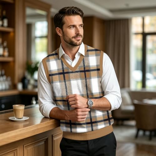 Christmas Sweater Vest Men V Neck Plaid Knit Lightweight Pullover Sweater - image 5