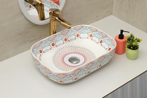 Image of Moroccan Design Ceramic Tabletop Wash Basin | Countertop Vessel Sink | Wash Basin over counter For Bathroom Hotel Home (18x13x5.5 Inch) (TORO 4014) (Moroccan Design 114)