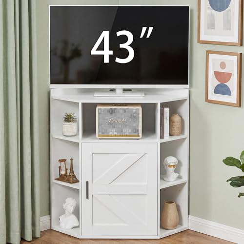 VECELO Corner Storage Cabinet with Charging Station 34 Shelf with Door & Adjustable Shelves Organizer for Living Room Office & Gaming Setup Fits Monitors up to 43 TV White