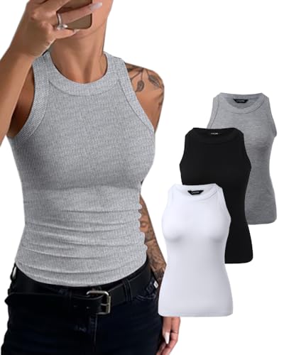 Image of CHICME 3 Piece Womens Tank Tops Sleeveless Basic Cami Shirt Slim Knit Ribbed Racerback Blouses