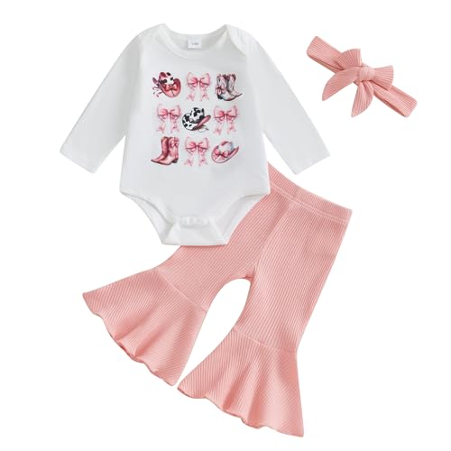 Baby Girls Western Clothes Set Let's Go Girls Bodysuit Ribbed Flared Pants Headband 3pcs Cowgirl Outfit (Pink Bowknot, 0-3 Months)