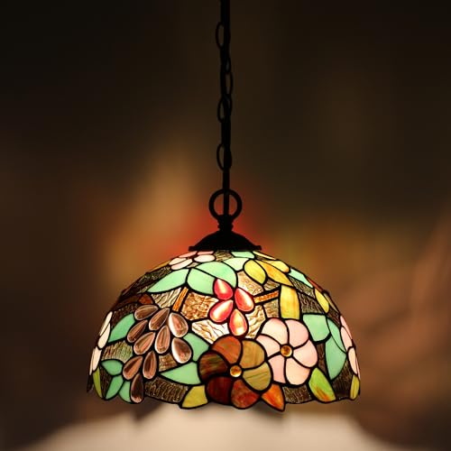 LUSTIX Tiffany Pendant Light Plug-in Stained Glass Hanging Lamp 12”x12”x181”