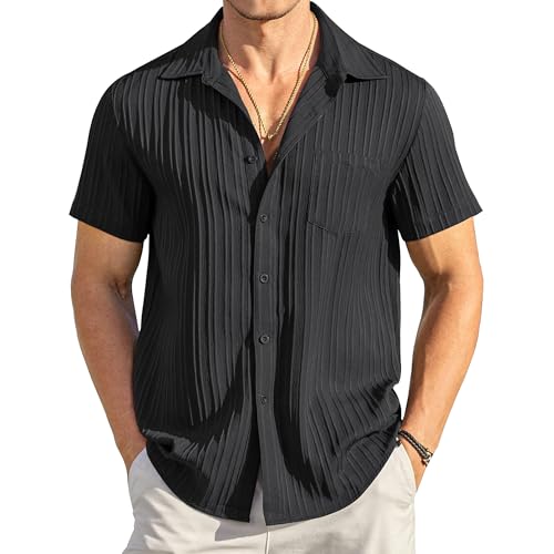 Mens Stretch Fit Textured Beach Polo Tops Button Down Vacation Golf Shirts Casual Cuban Collar Shirt with Pocket (Black,Large)