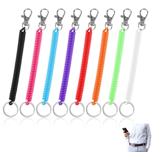 Tyqour 8pcs Retractable Spring Coil Keychain, Coiled Lanyard With Keyring Lobster Clasp, Anti-Lost Stretch Cord Safety Key Chain for Wallet Chain, Keys, Cellphone (Multicolored)