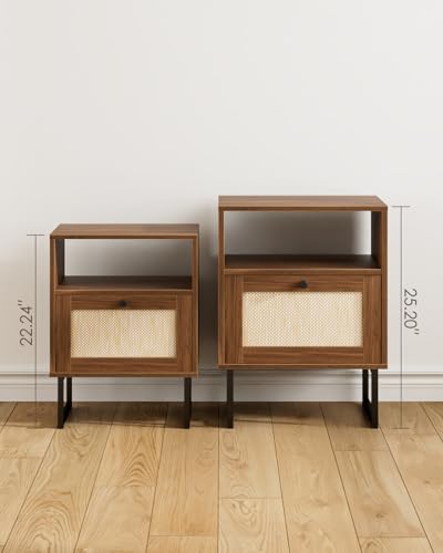 Image of Rattan Nightstand, Mid Century Modern Night Stand,Boho Farmhouse Wood Bedside Table with Storage and Open Shelf, End Side Accent Table for Bedroom,Living Room,Walnut