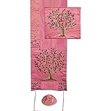 Yair Emanuel Tree of Life Design Embroidered Raw Silk Pink Tallit Set