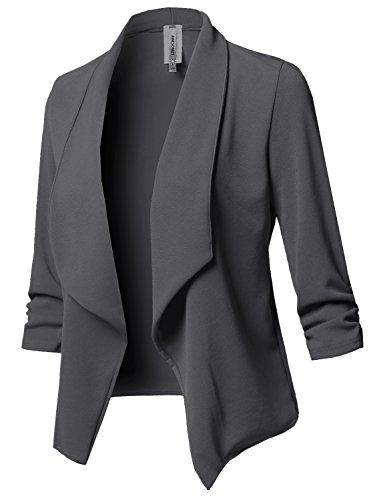 Stretch 3/4 Gathered Sleeve Open Blazer Jacket Charcoal S
