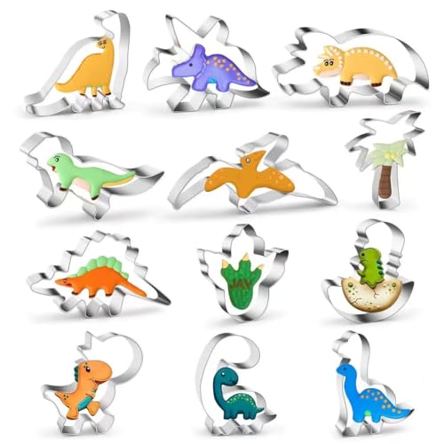 Juego de 12 moldes de galletas con diseño de dinosaurios, trex, pterosaurio, brontosaurio, spinosaurus, brachiosaurus, triceratops, velociraptor, huevo, huella de pie, galletas de dinosaurio para