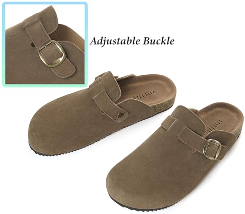 Image of Genuine Suede Clogs Womens Mens Cork Footbed Sandals Potato Shoes | Unisex Suede Leather Mules ,Arch Support,Adjustable Metal Buckle,Cork and Rubber,Wonderful Quality