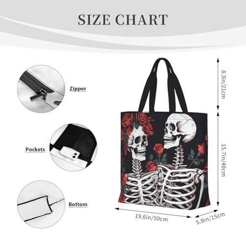 Rose and skeleton Tote Bag for Women, Zipper Casual Tote's Handbag for Travel, Work, Lightweight Laptop Bags Big Capacity Shoulder Bag Reusable Grocery Shopping Bags3