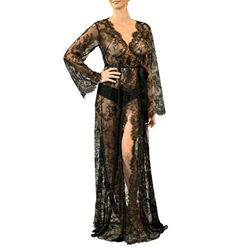 JAGETRADE Verano para Mujer Mangas Acampanadas Kimono Largo Cárdigan Pestañas Transparentes Encaje Floral Bikini Maxi Traje de baño Cubre Protector Solar Vestido de Playa