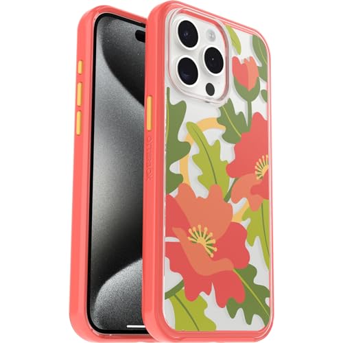 Image of OtterBox iPhone 15 Pro MAX (Only) Symmetry Series Clear Case - QUILTED POPPIES (Red), snaps to MagSafe, ultra-sleek, raised edges protect camera & screen
