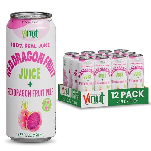 Image of VINUT 100% Red Dragon Fruit Juice with Pulp (Pitaya), No Added Sugar, Not From Concentrate, 16.57 fl oz (490 mL) Can, Pack of 12