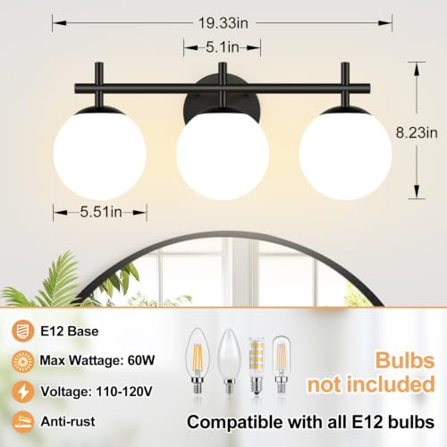 Image of MOKATNG 3-Light Bathroom Light Fixtures with Milky White Glass, Matte Black | 19.3 inch Vanity Lights for Bathroom, Bathroom Lighting Over Mirror, Wall Sconce, Fits E12 bulbs(Bulb Not Included)