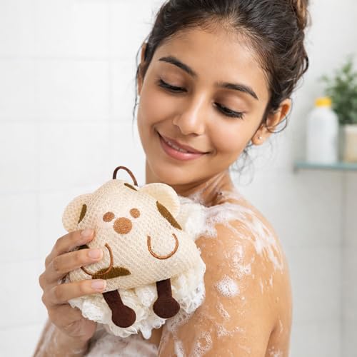 Image of Luxe Home International Bath Sponge For Kids And Adult Microfibre Soft Shower Loofah Triangle Pattern Gentle Skin Exfoliating Body Scrubber For Toddler Cream 12x11cm Pack Of 1