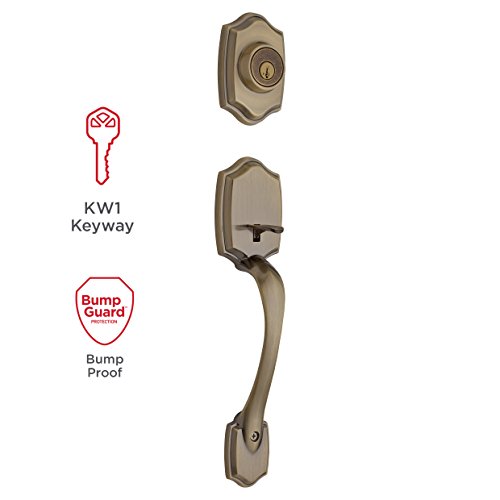 Image of Kwikset Belleview Front Door Lock Handle and Deadbolt Set, Entry Handleset Exterior with Interior Door Knob, Antique Brass, Pick Resistant SmartKey Rekey Deadbolt Security