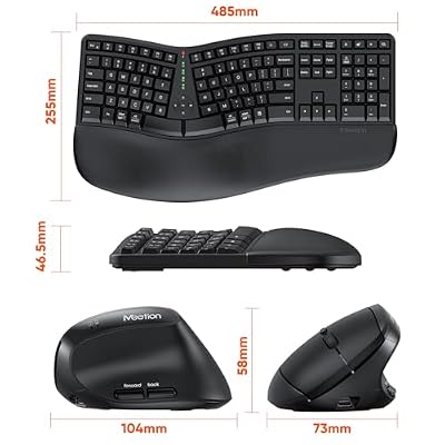 MEETION Ergonomic Keyboard and Mouse, Wireless Keyboard with Vertical Mouse, Split Curved Keyboard with Wrist Rest, Natural Typing USB Receiver Rechargeable Full Size, Windows/Mac/PC/Laptop, Large