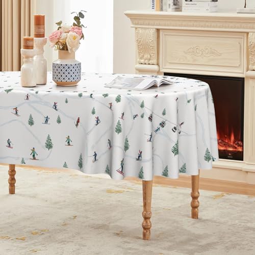 Horaldaily Christmas Tablecloth 60 x 84 Inch Oval Cable Car Ski Tree