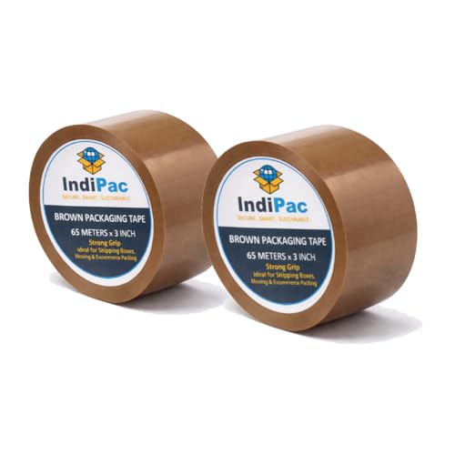 Image of Indipac BOPP Cello Tape 65m Roll - Heavy Duty Sealing Tape for Carton Box Packing, Warehouse, Industrial, Office & Ecommerce Packaging Brown Tapes, 3 Inch (Pack of 2)