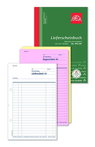 Omega Druck Lieferscheinbuch 945 OK, selbstdurchschreibend, A5 hoch, 3 x 50 Blatt, weiß/rosa/gelb Cover