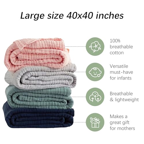 Image of SWEET DOLPHIN Muslin Baby Bath Towels Blanket - 2 Pack 100% Cotton Towel for Babies, Infants, Toddlers - 40x40Inch - Highly Absorbent, Grey