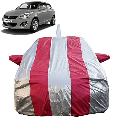 Image of Autofact Waterproof Car Body Cover Compatible with Maruti Swift (2005 to 2017) with Mirror and Antenna Pockets (Pink Stripes with Shinning Silver Fabric /Waterproof Cover)