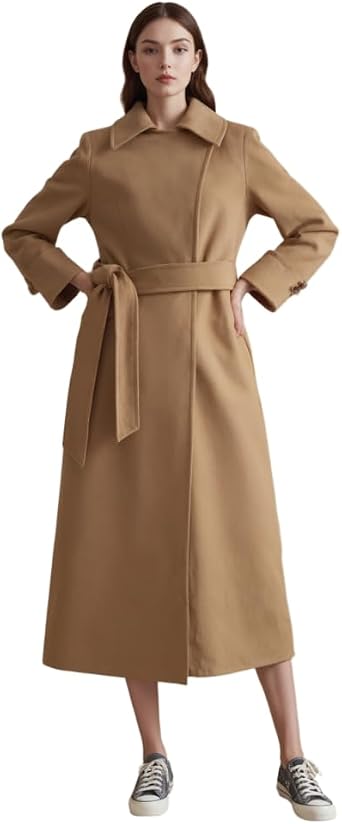 Womens Cashmere and Merino Wool Blend Double-Breasted Pea Coat, Winter Outdoor Wear,Belt Waist, Side Pockets